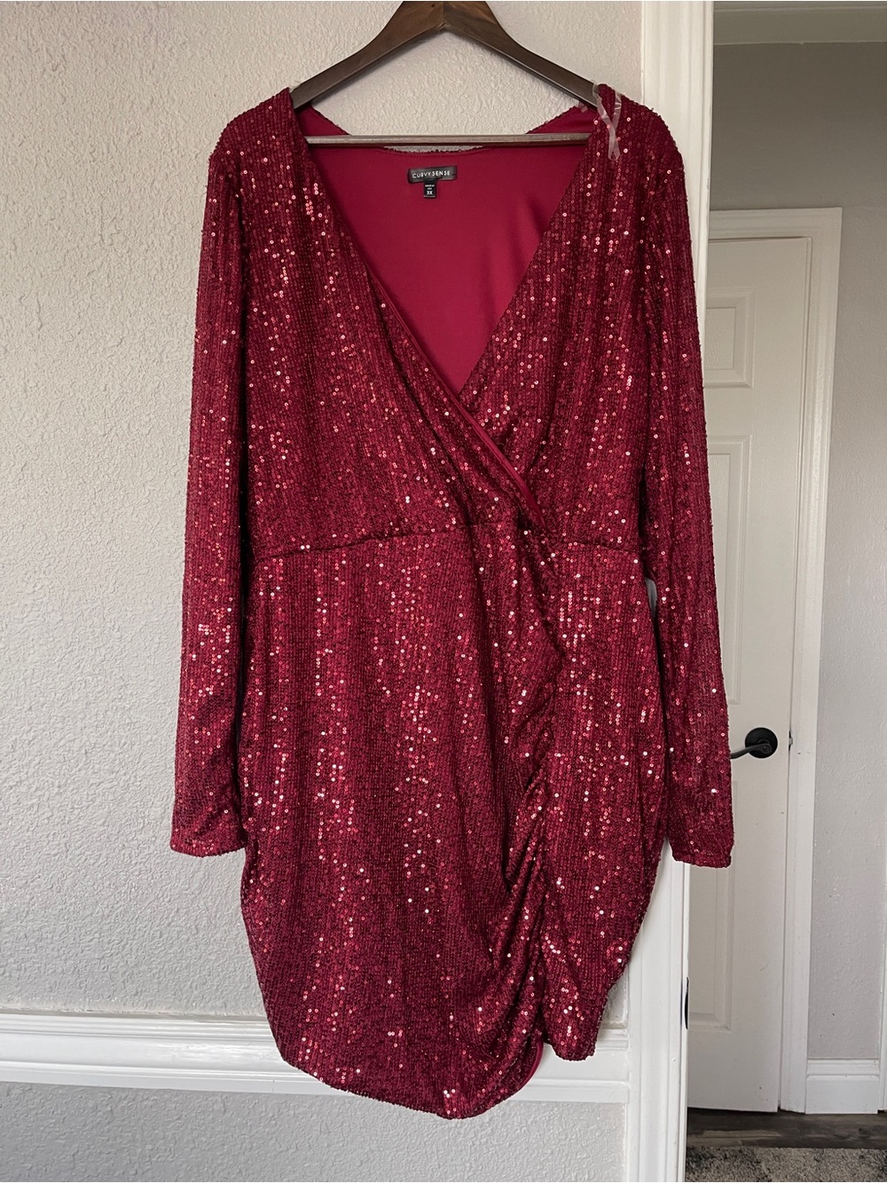 Curvy Sense Red Sequin Wrap Dress 3X Long Sleeve Party Cocktail Holiday